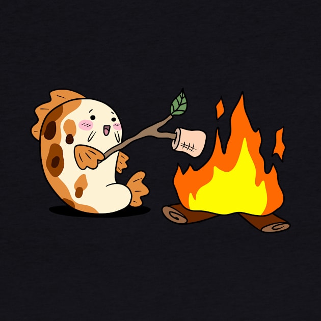 Cartoon Koi Fish Roasting Marshmallows by a Campfire by saradaboru